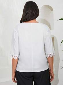 RueChic Plus Guipure Lace Trim Solid Blouse - White - View 2
