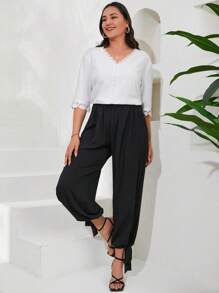 RueChic Plus Guipure Lace Trim Solid Blouse - White - View 3