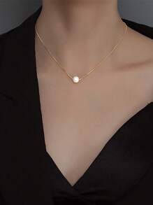 ESBERRY 1件 6mm-10mm 简约 S925 纯银单颗珍珠项链，女士珠宝，婚礼新娘配饰 - 金色 - 查看 4