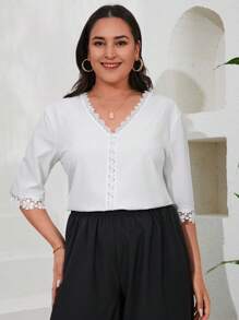 RueChic Plus Guipure Lace Trim Solid Blouse - White - View 4