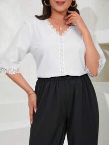 RueChic Plus Guipure Lace Trim Solid Blouse - White - View 5