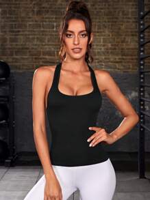 Yoga Basic Solid Racer Back Sports Tank Top - Black - View 4