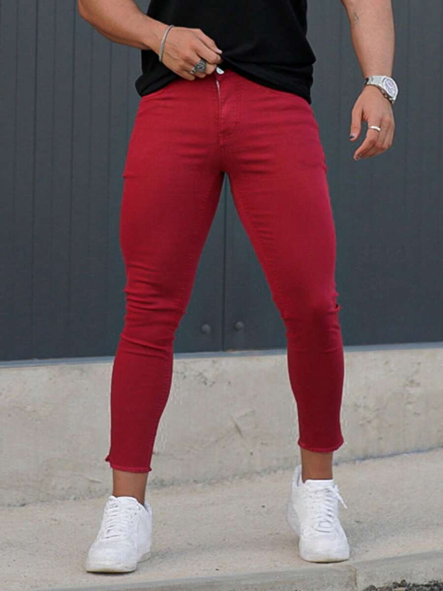 Quần Jeans Nam Túi Hem thô màu trơn - Đỏ - Xem 1