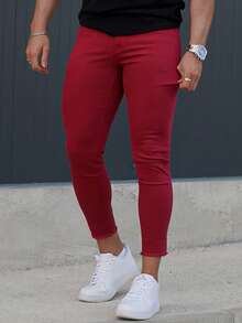 Quần Jeans Nam Túi Hem thô màu trơn - Đỏ - Xem 3