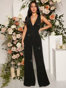 SHEIN 孕婦深V領金屬亮絲連身褲 - 黑色 - 查看 1