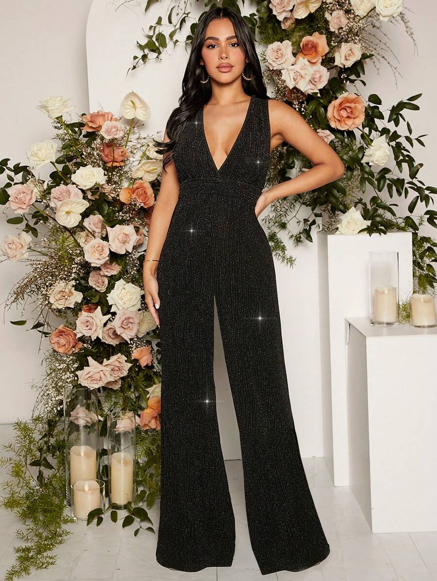 SHEIN 孕婦深V領金屬亮絲連身褲 - 黑色 - 查看 1