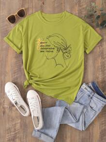 SHEIN LUNE Áo thun nữ Con số Slogan Giải trí - Màu xanh chanh - Xem 1