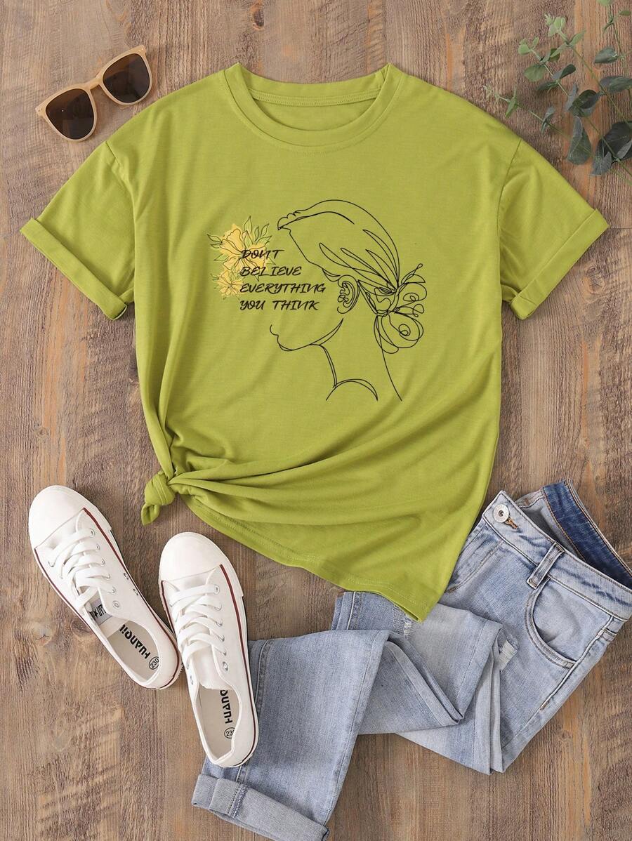 SHEIN LUNE Áo thun nữ Con số Slogan Giải trí - Màu xanh chanh - Xem 1