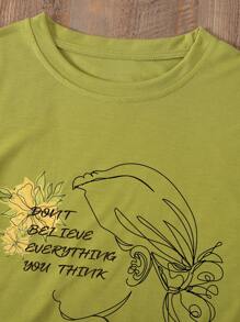 SHEIN LUNE Áo thun nữ Con số Slogan Giải trí - Màu xanh chanh - Xem 3