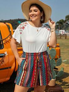 SHEIN VCAY Plus Geo Print Drawstring Waist Shorts - Multicolor - View 2