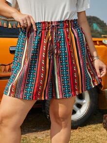 SHEIN VCAY Plus Geo Print Drawstring Waist Shorts - Multicolor - View 5