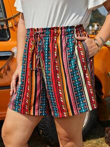 SHEIN VCAY Plus Geo Print Drawstring Waist Shorts - Multicolor - View 6