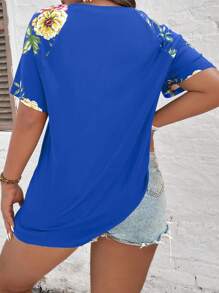 SHEIN LUNE Áo thun Plus size Hoa Giải trí - Xanh đậm - Xem 2