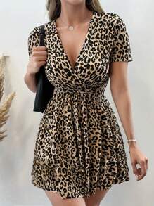 EURMUSE Leopard Print Plunge Neck Ruffle Hem Dress - Apricot - View 1