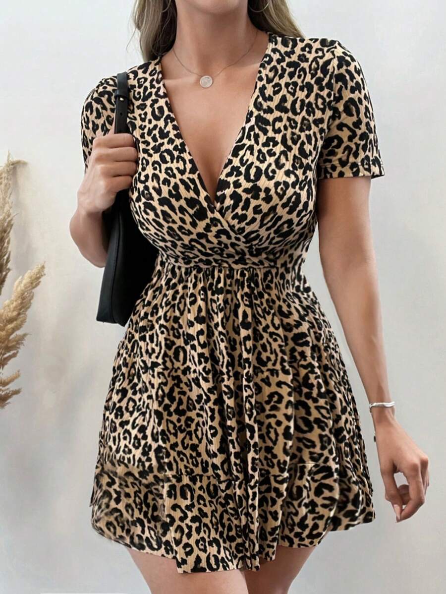 EURMUSE Leopard Print Plunge Neck Ruffle Hem Dress - Apricot - View 1