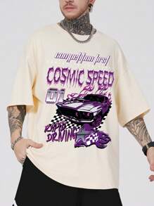 ROMWE MEN Street Life 男士汽車和字母圖案T恤 - 卡其色 - 查看 5