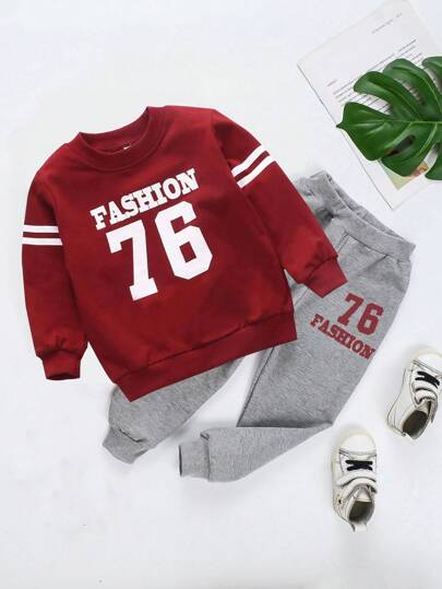 SHEIN Young Boy Letter Graphic Sweatshirt With Sweatpants Chic Outfits For Autumn/Winter