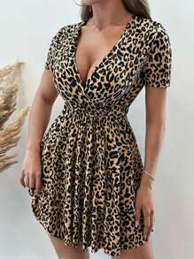 EURMUSE Leopard Print Plunge Neck Ruffle Hem Dress - Apricot - View 5