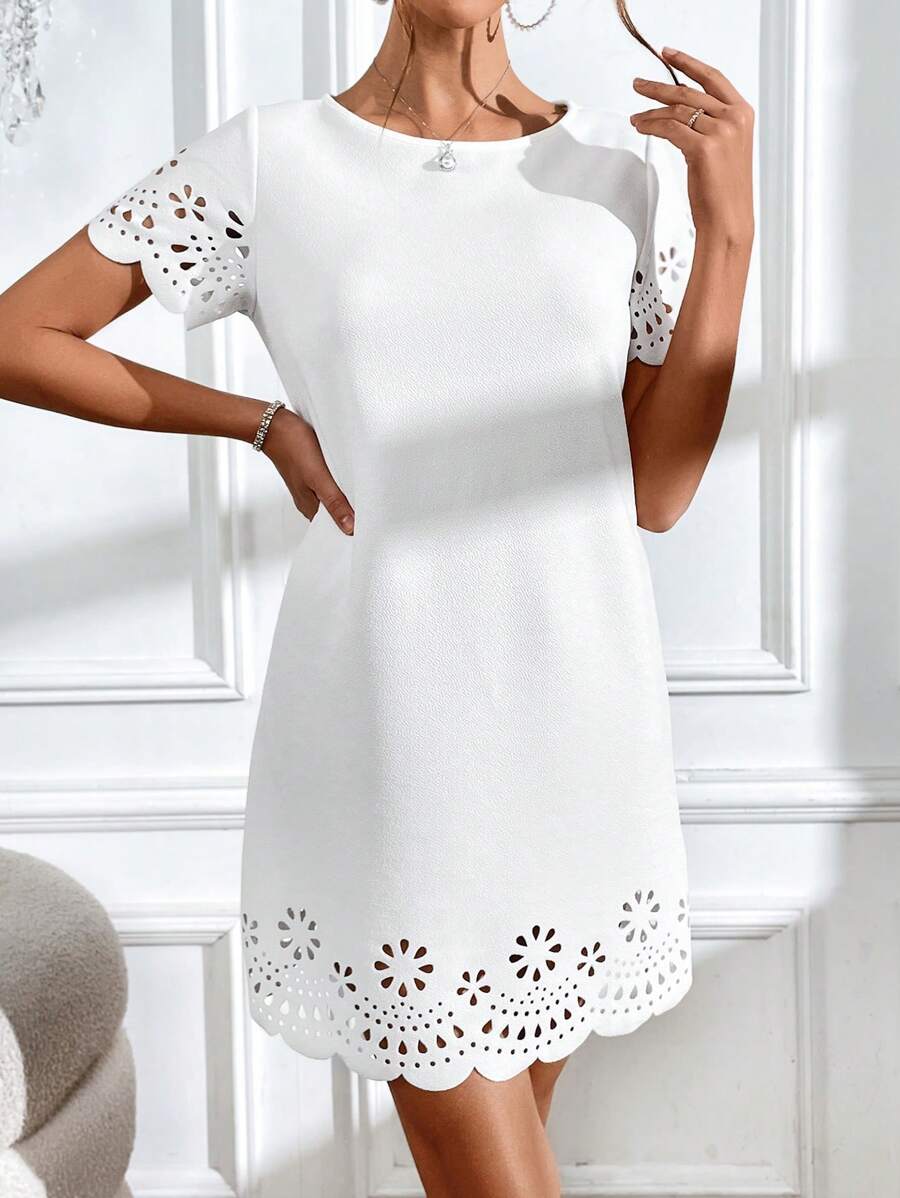 SHEIN Clasi Laser Cut Scallop Trim Tunic Dress - White - View 1