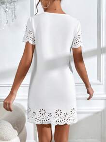 SHEIN Clasi Laser Cut Scallop Trim Tunic Dress - White - View 2
