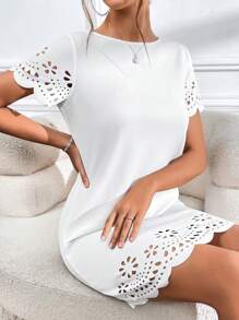 SHEIN Clasi Laser Cut Scallop Trim Tunic Dress - White - View 3