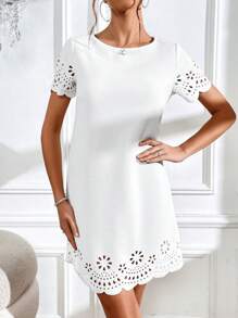 SHEIN Clasi Laser Cut Scallop Trim Tunic Dress - White - View 5