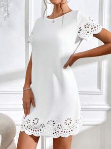 SHEIN Clasi Laser Cut Scallop Trim Tunic Dress - White - View 6