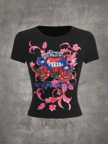 ROMWE PUNK 花卉和字母圖案T恤 - 黑色 - 查看 1