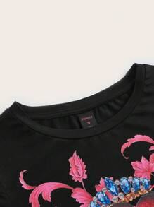 ROMWE PUNK 花卉和字母圖案T恤 - 黑色 - 查看 4