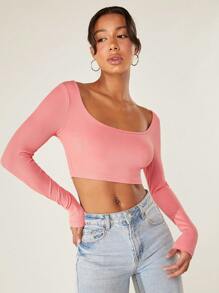 SHEIN BASICS Camiseta crop de cuello scoop - Rosa coral - Ver 1