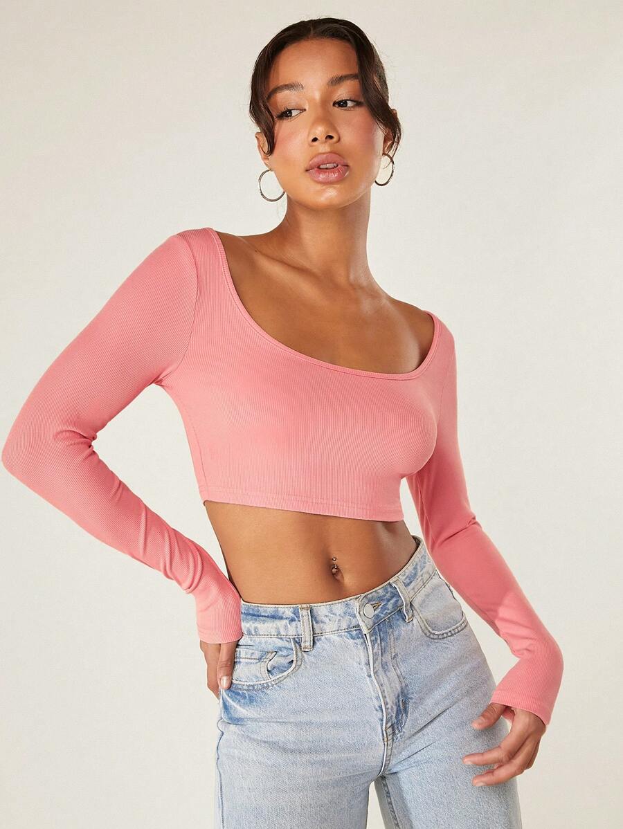 SHEIN BASICS Camiseta crop de cuello scoop - Rosa coral - Ver 1