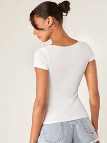 SHEIN BASICS Solid Rib-Knit Scoop Neck Tee For Summer - White - View 2