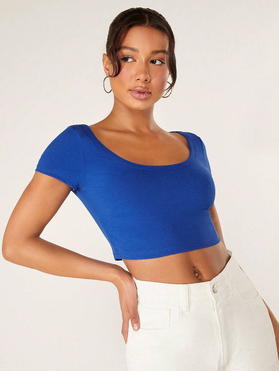 SHEIN BASICS Scoop Neck Rib-Knit Crop Tee - Royal Blue - View 1