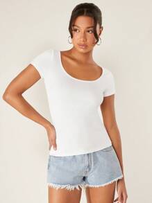 SHEIN BASICS Solid Rib-Knit Scoop Neck Tee For Summer - White - View 3