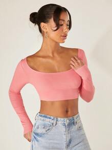 SHEIN BASICS Camiseta crop de cuello scoop - Rosa coral - Ver 4