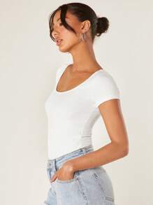 SHEIN BASICS Solid Rib-Knit Scoop Neck Tee For Summer - White - View 5