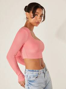 SHEIN BASICS Camiseta crop de cuello scoop - Rosa coral - Ver 5