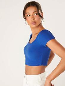 SHEIN BASICS Scoop Neck Rib-Knit Crop Tee - Royal Blue - View 5