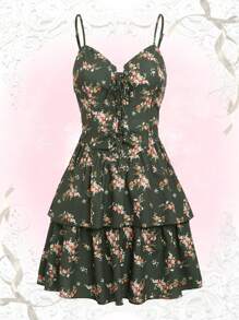 Sweetness 碎花繫帶吊帶連衣裙 - 軍綠色 - 查看 2