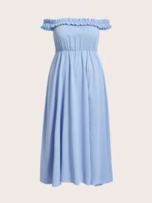 SHEIN Belle 大碼一字肩流蘇邊高衩伴娘連衣裙 - 藍色 - 查看 1