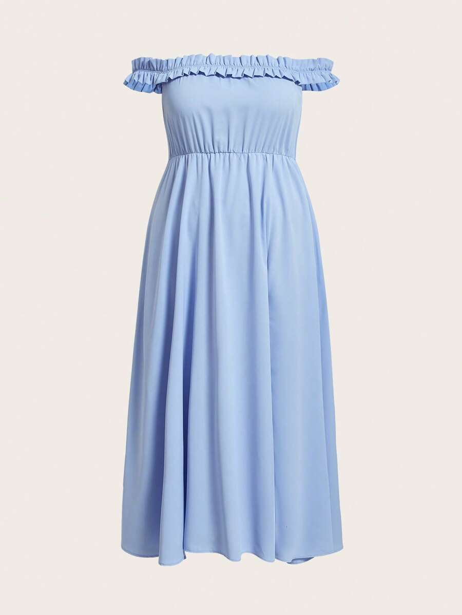 SHEIN Belle 大碼一字肩流蘇邊高衩伴娘連衣裙 - 藍色 - 查看 1