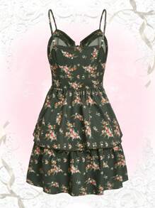 Sweetness 碎花繫帶吊帶連衣裙 - 軍綠色 - 查看 6