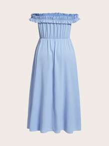 SHEIN Belle 大碼一字肩流蘇邊高衩伴娘連衣裙 - 藍色 - 查看 2
