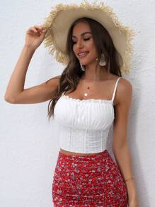 Soleia 胸部褶皺木耳邊網眼刺繡吊帶上衣 - 白色 - 查看 4