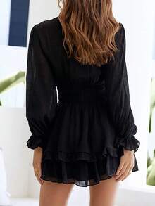 交疊領燈籠袖二層下擺繫腰帶連衣裙 - 黑色 - 查看 2