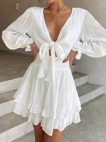 交疊領燈籠袖二層下擺繫腰帶連衣裙 - 白色 - 查看 5