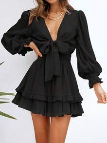 交疊領燈籠袖二層下擺繫腰帶連衣裙 - 黑色 - 查看 4