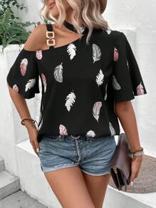 SHEIN LUNE 羽毛印花不對稱領鏈條細節襯衫 - 黑色 - 查看 3