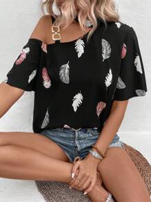 SHEIN LUNE 羽毛印花不對稱領鏈條細節襯衫 - 黑色 - 查看 6