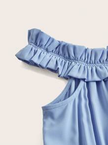 SHEIN Belle 大碼一字肩流蘇邊高衩伴娘連衣裙 - 藍色 - 查看 3